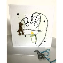 Glückwunschkarte zur Geburt/Taufe Mädchen Junge , 3D ,Bunt mit Trinkfläschchen,Giraffe, Sternen, Handarbeit 15x15 cm