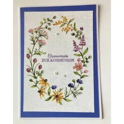 Glückwunschkarte zur Kommunion mit Blumenkranz und Perlen Handgefertigt Stampinup NEU