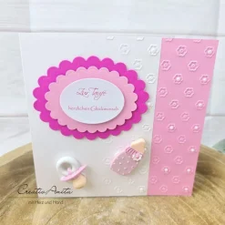 Glückwunschkarte zur Taufe ROSA mit Schnuller, Fläschchen - Mädchen
