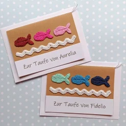 Glückwunschkarte zur Taufe mit Fischen und Wasser gehäkelt mit Wunschtext