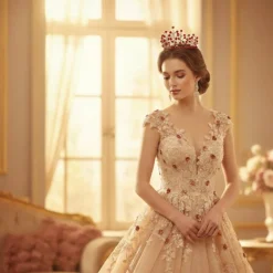 Goldene Brautkrone mit roten Kristallen – Handgefertigte Perlenkrone „Golden Blossom“ für Hochzeit & Event