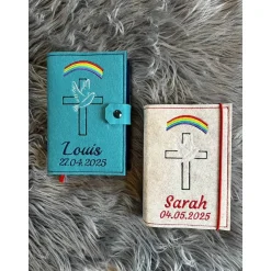 Gotteslob Hülle Kreuz mit Kreuz und Taube Regenbogen mit Name und Datum - Normalausgabe - Kommunion