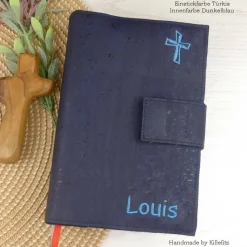 Gotteslobhülle & Bibelhülle aus Kork Leder in dunkelblau – personalisiert Geschenkidee zur Kommunion, Konfirmation