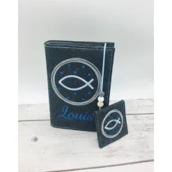 Gotteslobhülle + Rosenkranztasche Fisch im Kreis Hülle Geschenk Kommunion Set Firmung Geschenkidee personalisiert