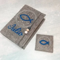 Gotteslobhülle + Rosenkranztasche Fisch im Kreis Hülle Geschenk Kommunion Set Firmung Geschenkidee personalisiert