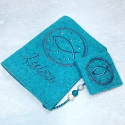 Gotteslobhülle + Rosenkranztasche Fisch im Kreis Hülle Geschenk Kommunion Set Firmung Geschenkidee personalisiert