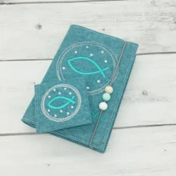 Gotteslobhülle + Rosenkranztasche Fisch im Kreis Hülle Geschenk Kommunion Set Firmung Geschenkidee personalisiert