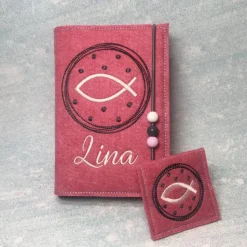 Gotteslobhülle + Rosenkranztasche Fisch im Kreis Hülle Geschenk Kommunion Set Firmung Geschenkidee personalisiert