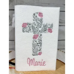 Gotteslobhülle beige Kreuz mit Blumen Gebetbuchhülle Filz personalisiert