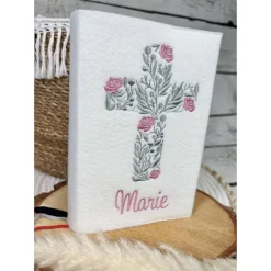 Gotteslobhülle beige Kreuz mit Blumen Gebetbuchhülle Filz personalisiert