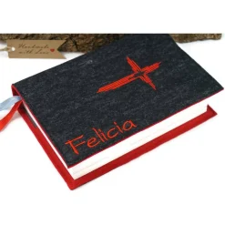 Gotteslobhülle Bibelhülle mit eingesticktem Namen und Kreuz, Geschenk zur Kommunion Konfirmation