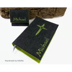 Gotteslobhülle Bibelhülle mit eingesticktem Namen und Kreuz, Geschenk zur Kommunion Konfirmation