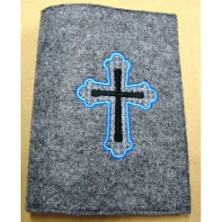 Gotteslobhülle Einband graumeliert Filz 3mm blau weiß Kreuz anthrazit Kommunion Name Datum Hülle Umschlag bestickt