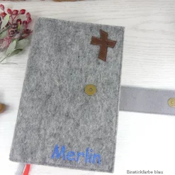 Gotteslobhülle Filz grau mit Kork, personalisiert – Bibelhülle & Gesangbuchhülle als Geschenk zur Kommunion, Konfirmation, Firmung