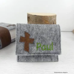 Gotteslobhülle Filz grau mit Kork, personalisiert – Bibelhülle & Gesangbuchhülle als Geschenk zur Kommunion, Konfirmation, Firmung