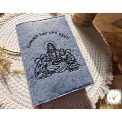 Gotteslobhülle Filz  Kommunion 2025 personalisierbar Jesus mit Kindern "Kommt her und esst!" Einband