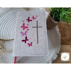 Gotteslobhülle Filz  Kommunion 2025 personalisierbar Schmetterlinge pink "Kommt her und esst!" Einba