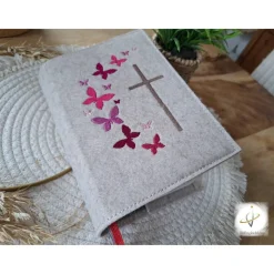 Gotteslobhülle Filz  Kommunion 2025 personalisierbar Schmetterlinge pink 