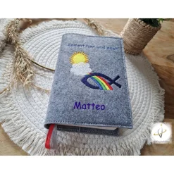 Gotteslobhülle Filz  Kommunion 2025 personalisierbar Jesus mit Kindern "Kommt her und esst!" Einband Kommunion