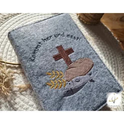 Gotteslobhülle Filz  Kommunion 2025 personalisierbar Jesus mit Kindern "Kommt her und esst!" Einband