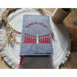 Gotteslobhülle Filz  Kommunion 2025 personalisierbar Jesus mit Kindern rot "Kommt her und esst!" Einband Gotteslob