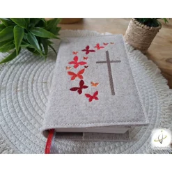 Gotteslobhülle Filz  Kommunion 2025 personalisierbar Schmetterlinge rot 