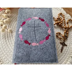 Gotteslobhülle Filz Kommunion 2025 kommt her und esst! personalisierbar Einband Handgemachte Filzhülle Fische pink