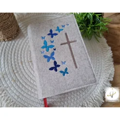 Gotteslobhülle Filz  Kommunion 2025 personalisierbar Schmetterlinge blau 