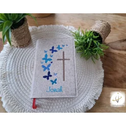 Gotteslobhülle Filz  Kommunion 2025 personalisierbar Schmetterlinge blau 