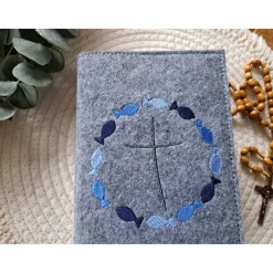 Gotteslobhülle Filz Kommunion 2025 kommt her und esst! personalisierbar Einband Handgemachte Filzhülle Fische blau