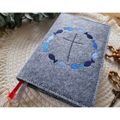 Gotteslobhülle Filz Kommunion 2025 kommt her und esst! personalisierbar Einband Handgemachte Filzhülle Fische blau