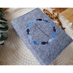 Gotteslobhülle Filz Kommunion 2025 kommt her und esst! personalisierbar Einband Handgemachte Filzhülle Fische blau