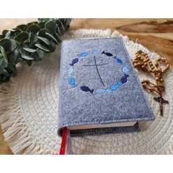 Gotteslobhülle Filz Kommunion 2025 kommt her und esst! personalisierbar Einband Handgemachte Filzhülle Fische blau