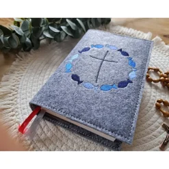 Gotteslobhülle Filz Kommunion 2025 kommt her und esst! personalisierbar Einband Handgemachte Filzhülle Fische blau