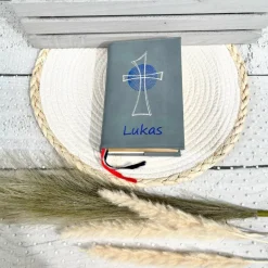 Gotteslobhülle Gebetbuchhülle Kunstleder grau mit Kreuz personalisiert