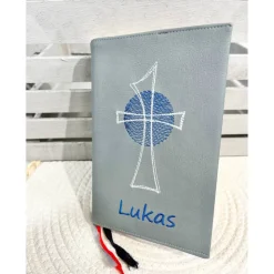 Gotteslobhülle Gebetbuchhülle Kunstleder grau mit Kreuz personalisiert