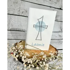 Gotteslobhülle Gebetbuchhülle Kunstleder weiß mit Kreuz personalisiert