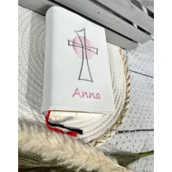 Gotteslobhülle Gebetbuchhülle Kunstleder weiß mit Kreuz personalisiert
