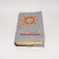 Gotteslobhülle, grauer Filz mit orangem Muster, personalisierbar