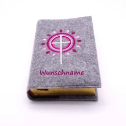 Gotteslobhülle, grauer Filz mit rosa Muster, personalisierbar, Filz 100 % Polyester, Garn rot-rosa-grau