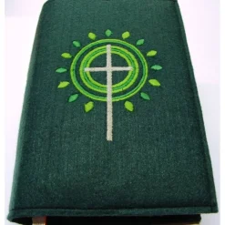 Gotteslobhülle handgefertigt Filz 3mm petrol Kreuz Kreise Strahlen grün grau personalisierbar Name und Datum bestickt
