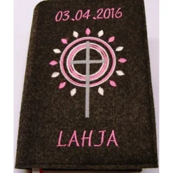 Gotteslobhülle handgefertigt Filz 3mm graumeliert Kreuz Kreise Strahlen rosa personalisierbar Name und Datum bestickt