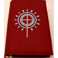 Gotteslobhülle handgefertigt Filz 3mm dunkelrot Kreuz Kreise Strahlen blau graupersonalisierbar Name und Datum bestickt