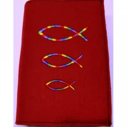 Gotteslobhülle handgefertigt Filz 3mm dunkelrot Regenbogenfische bunte Fische personalisierbar Name und Datum bestickt