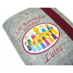 Gotteslobhülle Merino Wollfilz Filz Stickerei 1.hl. Kommunion inkl. Name + Datum + Abendmahl Aufnäher