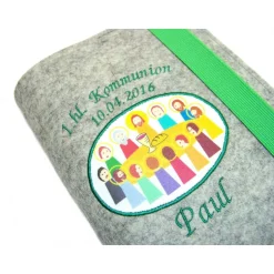 Gotteslobhülle Merino Wollfilz Filz Stickerei 1.hl. Kommunion inkl. Name + Datum + Abendmahl Aufnäher