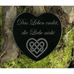 Grabdekoration Herz Marmor mit keltischem Herz - Trauerspruch Gravur Das Leben endet, die Liebe nicht - Gedenkstein Grab