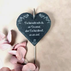 Grabdekoration, Schiefer-Herz mit Rosen-Motiv, Grabschmuck mit Wunschtext, Grabschild, personalisierbar