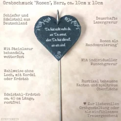 Grabdekoration, Schiefer-Herz mit Rosen-Motiv, Grabschmuck mit Wunschtext, Grabschild, personalisierbar