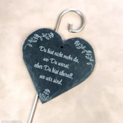 Grabdekoration, Schiefer-Herz mit Rosen-Motiv, Grabschmuck mit Wunschtext, Grabschild, personalisierbar